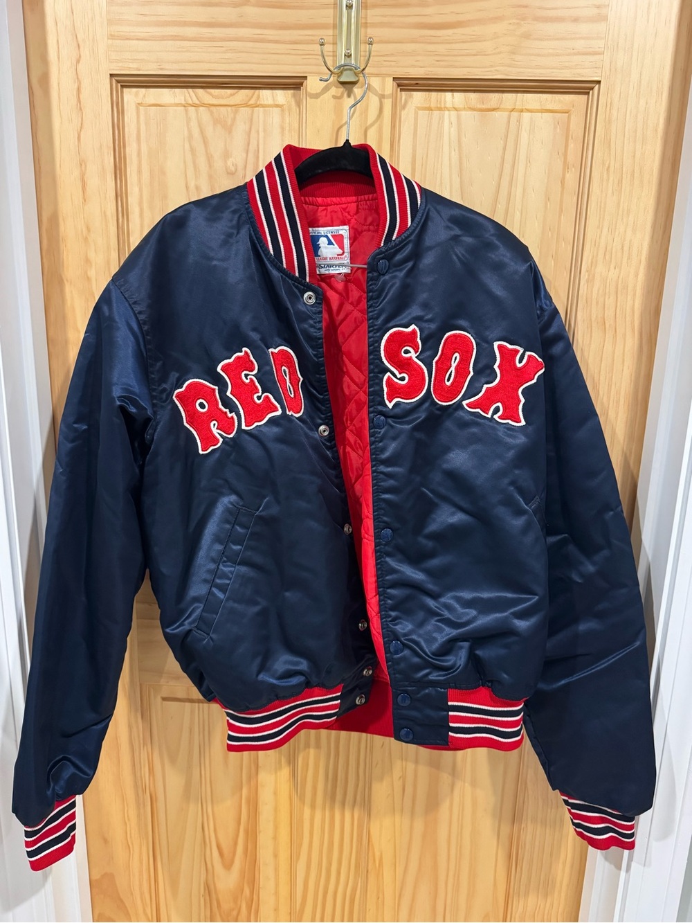 STARTER Navy and Red Red Sox Satin Bomber Jacket